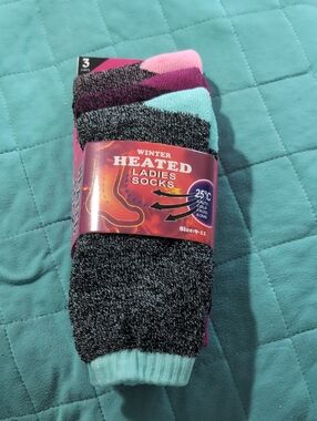 Heated Ladies Socks - Black, Pink & Light Blue - Unbranded